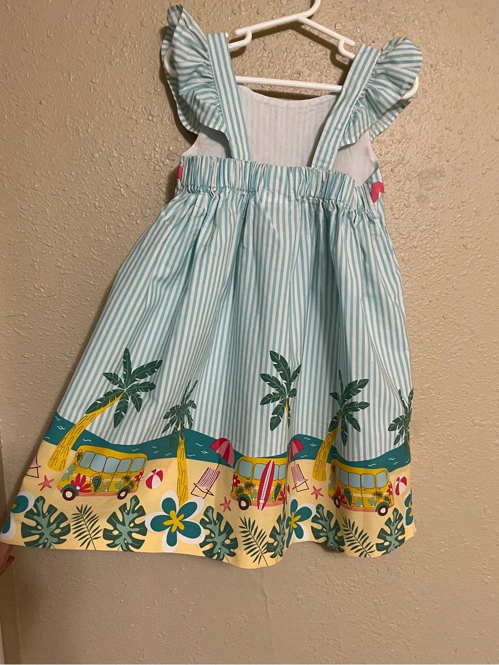 BONNIE JEAN Girls Blue Striped Flutter Beach Border Sundress with Pink Trim Sz 5